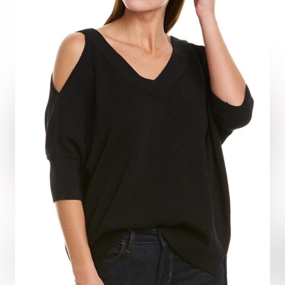 Trina Turk Pima Cotton Knit V-Neck Sweater w Open Shoulders, Short Sleeves XS